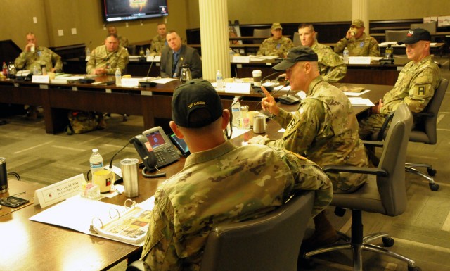 Attendees listen as First Army Commanding General, Lt. Gen. Thomas James Jr., addresses the room during the First Army Command Team Certification in First Army headquarters on Rock Island Arsenal, Ill.