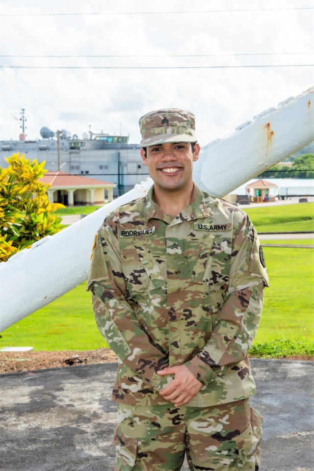 Sgt. Anthony Rodriguez, a veterinary food inspection specialist from Public Health Activity-Guam, at Naval Base Guam, Guam, Aug. 11, 2020. Rodriguez recently participated in the U.S. Army Public Health Command's Ship Rider program to help keep Sailors safe while at sea. Established as a Memorandum of Agreement with the Military Sealift Command, the Ship Rider program deploys an Army sergeant or staff sergeant veterinary food inspection specialist to select MSC Combat Logistics Force ships to inspect food shipments during deployments and exercises. During these operations, Soldiers are assigned to a ship for five to six months at a time, living and working side by side with Sailors, usually as the only Army member aboard a vessel. (U.S. Army photo by 1st Sgt. Christopher Harris)