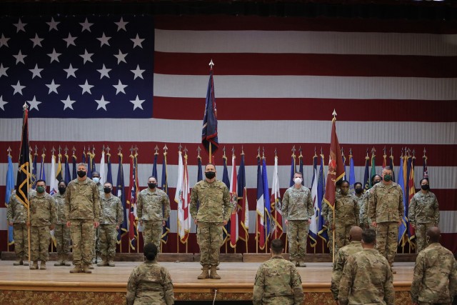 Army Reserve Soldiers conduct a Transfer of Authority ceremony at Fort Bliss, Texas, September 11, 2020. The 85th U.S. Army Reserve Support Command’s 1st Battalion, 338 Regiment, assumed the CONUS Replacement Center mission, supporting as 5th Armored Brigade’s “Viper 9”, the ninth rotation serving in this mission. The 94th Training Division’s 8th Battalion, 108th Regiment bid farewell during the ceremony as “Viper 8” to close out their rotation. The CRC mission is to take care of Soldiers, DA Civilians and contractors that go through the mobilization process, individually, ahead of overseas deployments and assignments. This was the first unit assigned to the 85th USARSC to mobilize for this effort after receiving the mission from Army Reserve Command.
(U.S. Army Reserve photo by Master Sgt. Anthony L. Taylor)