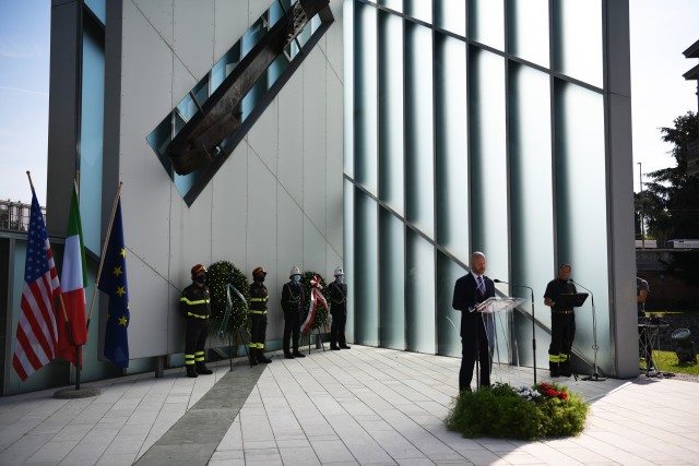 U.S. Army Garrison Italy Commander Col. Dan Vogel attended the September 11th wreath laying ceremony at the Memoria e Luce monument in Padua to remember the innocent victims of 9/11 attacks on Friday, September 11, 2020.