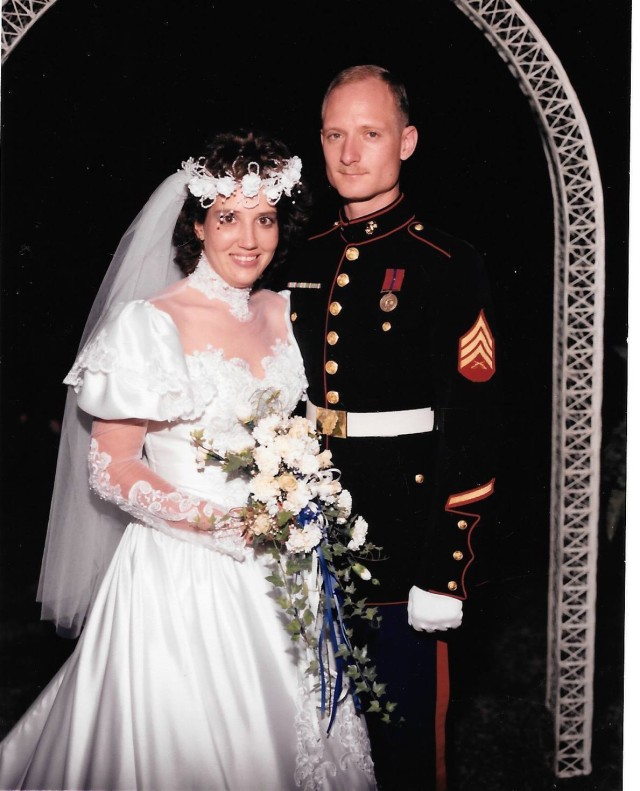 Barbara Wright and her husband, Maj. Bryan Thomas Wright, pose for a photo on their wedding day, Aug. 24, 1988. Shortly after joining the Marine Corps, 33 years ago, Wright met her future husband, changing life as she knew it. (Courtesy Photo)