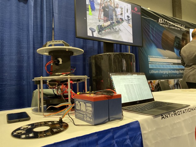 A close-up shot of a disassembled Stabilizing Aerial Loads Utility System at the 2019 Association of the U.S. Army Annual Meeting and Exposition. 