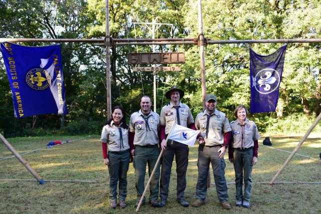 Lt. Col. Joel Gleason, commander of U.S. Army Garrison Okinawa and Scoutmaster of Boy Scout Troop 101 in Okinawa, poses for a photo with his classmates at the end of the Wood Badge, scouting’s premier leader training, at Gilwell Park, United...