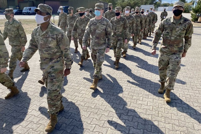 Inbound Soldiers from the United States to Europe, march to lunch at the Deployment Processing Center, Rhine Ordnance Barracks in Kaiserslautern, Germany, Sept. 11, 2020. The DPC currently houses incoming personnel from the United States...