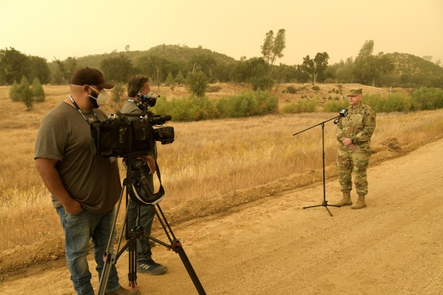 Fort Hunter Liggett Commander Col. Charles Bell uses many communication platforms to keep the garrison community and public informed, such as online and virtual town halls. He is pictured giving an interview to KSBW TV. 