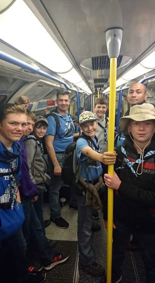 Participants in a Boy Scout Troop 261 visit to London ride the London Underground in May 2019. Lt. Col. Joel Gleason, commander of U.S. Army Garrison Okinawa and Scoutmaster of Boy Scout Troop 101 in Okinawa, and two other adults led 11 Scouts on...