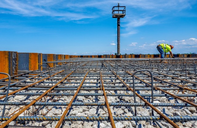 U.S. Army Corps of Engineers Buffalo District contractor Great Lakes Dock and Materials, LLC works on new cell construction and rebar layout at the Lorain Harbor breakwater, Lorain, OH, July 14, 2020.
...