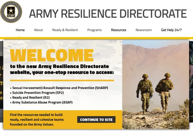 Screenshot of new Army Resilience Directorate website, https://www.armyresilience.army.mil/.