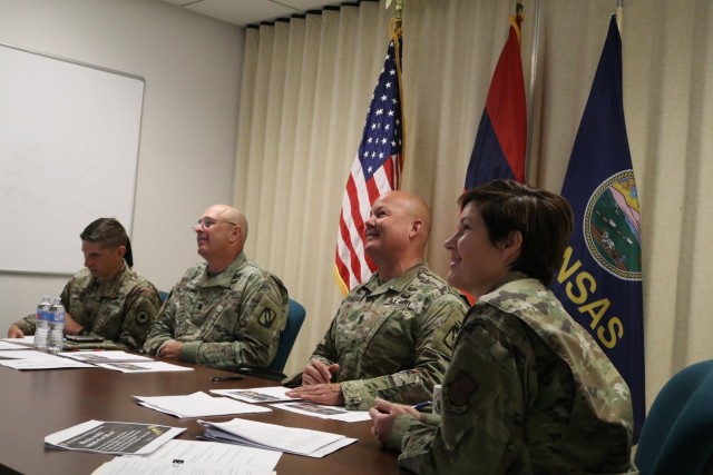 The command team from 2nd Combined Arms Battalion, 137th Infantry Regiment, including Lt. Col. Rodney Seaba, battalion commander, center left, and Command Sgt. Maj. Paul Purdham, battalion command sergeant major, center right, joined Sgt. First...