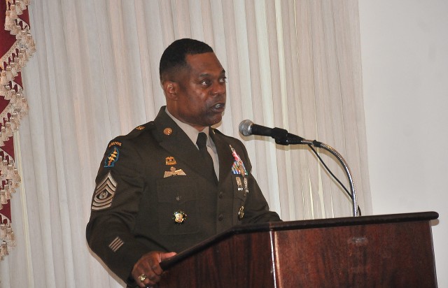 Sgt. Maj. Edward A. Bell addresses those gathered for his retirement ceremony at the Lee Club Sept. 18. Bell spent more than 33 years in the Army culminating with a three-year stint as the sergeant major, Office of the Deputy Chief of Staff, G-4.