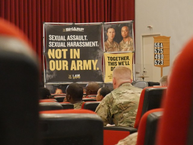 Soldiers stationed in Kuwait attend the 4th Quarter Sexual Harassment Assault Response Prevention (SHARP) training at Camp Arifjan, Kuwait on 2 July 2019. (U.S. Army National Guard photo by Staff Sgt. Veronica McNabb)