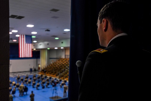 1st Lt. Grant Sampica, 1st Battalion, 13th Infantry Regiment, officiates the memorial service for Pvt. Michael Wise at the Solomon Center Sept. 19.