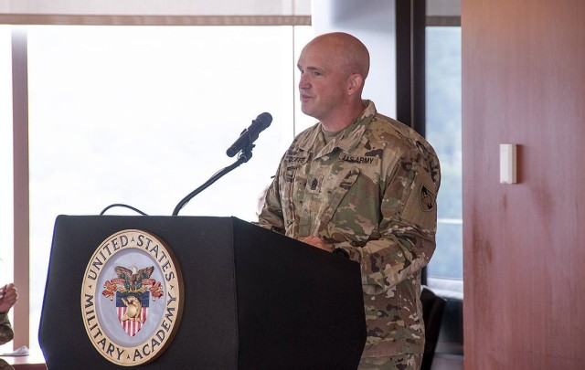 CSM Michael J. Coffey speaks to the audience after taking responsibility of the command sergeant major position. (U.S. Army photo by Kyle Osterhoudt USMA/PAO).