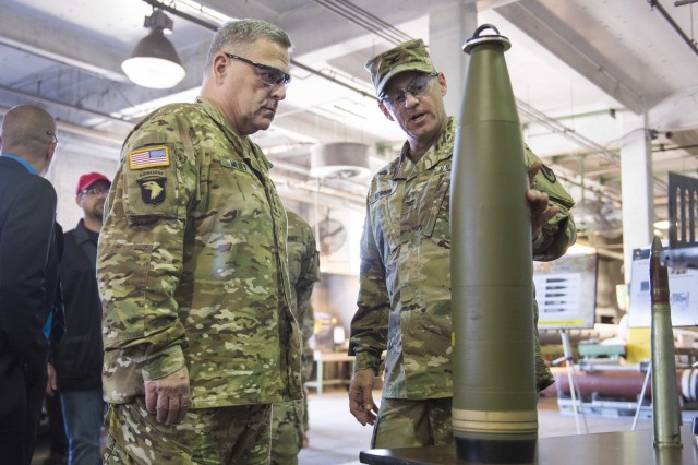 Former Army Chief of Staff Gen. Mark A. Milley, left, tours the McAlester Army Ammunition Plant in McAlester, Okla., May 8, 2017. The Army is currently seeking a 15-year, $16 billion strategy to automate and improve the military&#39;s ammunition manufacturing process.