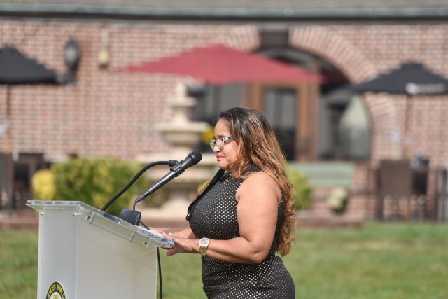 Jacqueline Prince, Survivor Outreach Services program coordinator, discusses SOS program benefits and services during the Gold Star Mother’s and Family’s Day Commemoration Even,t Sept. 25, 2020, at Fort Hamilton, N.Y.  Gold Star family members and garrison leaders gathered to honor fallen U.S. service members. 