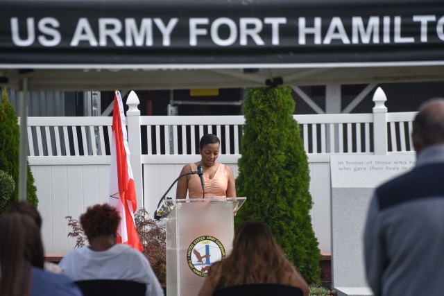 Sharon Roderique, Gold Star mother, gives a speech for the Gold Star Mother’s and Family’s Day Commemoration Event, Sept. 25, 2020, at Fort Hamilton, N.Y. Gold Star family members and garrison leaders gathered to honor fallen U.S. service members. 