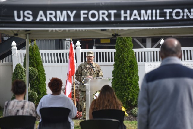 U.S. Army Col Craig Martin, Fort Hamilton Garrison commander, provides opening remarks for the Gold Star Mother’s and Family’s Day Commemoration Event, Sept. 25, 2020, at Fort Hamilton, N.Y.  Gold Star family members and garrison leaders gathered to honor fallen U.S. service members. 