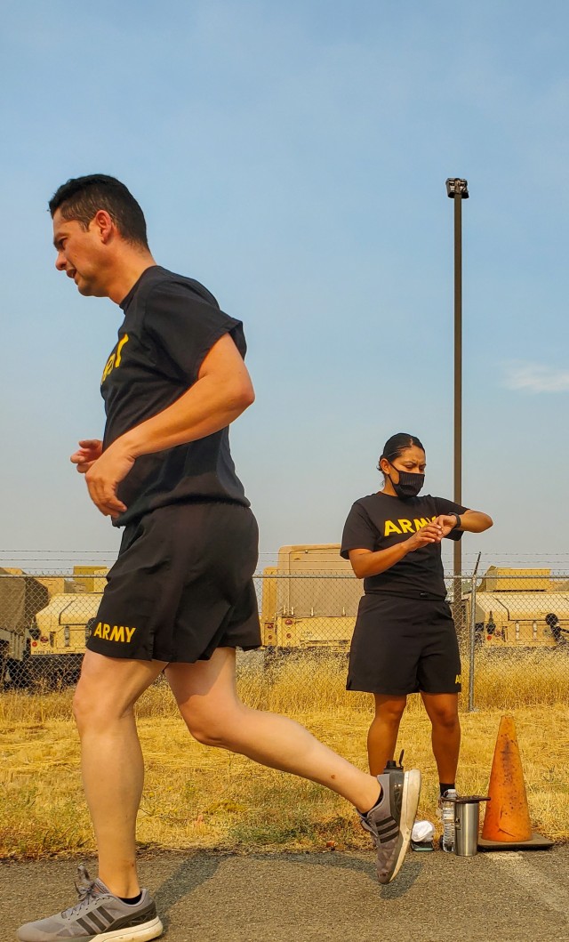 Army Reserve Capt. Edward Emerson (left) from the Medical Training Support Battalion from Sacramento, California, participates in the Army Combat Fitness Test validation course at B.T. Collins Army Reserve Center, Sacramento, California, August...
