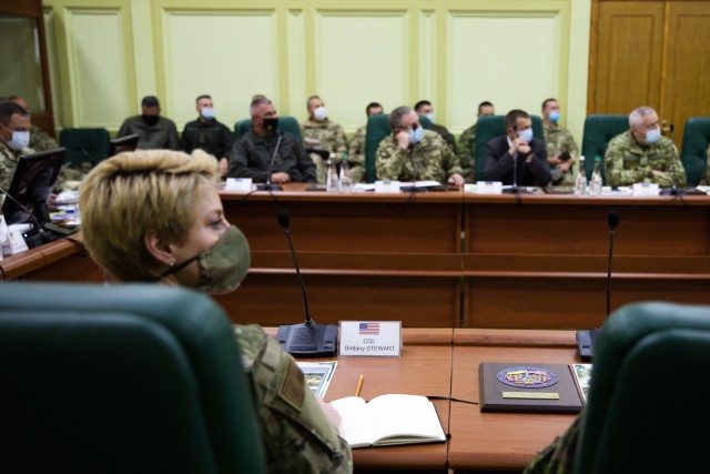Military Attaché to the U.S. Embassy in Kiev, Airforce Col. Brittany Stewart attends a multinational briefing overviewing Rapid Trident 2020 at Collective Training Center-Yavoriv Ukraine during an official visit Sept. 24. (Photo by Cpl. Shaylin...