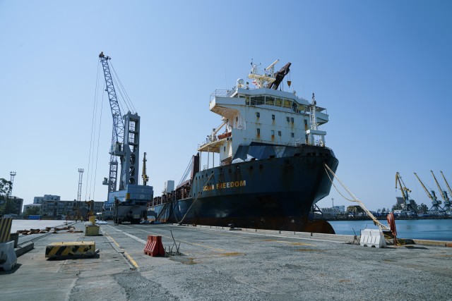 U.S. Soldiers, assigned to the 4th Squadron, 2d Cavalry Regiment, and contractors work together to unload equipment during port operations for the Noble Partner 20 exercise in Poti, Georgia, Sept. 4, 2020. Exercise Noble Partner is designed to...