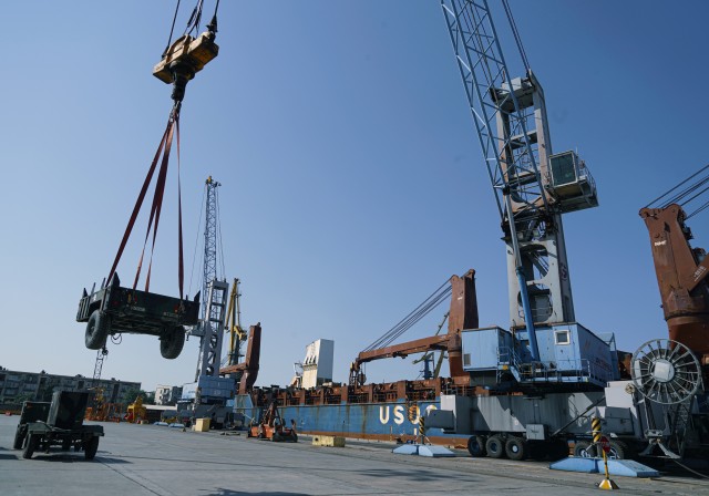 A U.S. Army trailer, assigned to the 4th Squadron, 2d Cavalry Regiment, lowers to the ground during port operations for the Noble Partner 20 exercise in Poti, Georgia, Sept. 4, 2020. Exercise Noble Partner is designed to enhance regional...