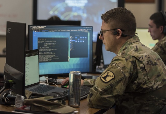 More than a dozen Idaho Army National Guard Soldiers participated in the National Guard’s Cyber Shield 20 exercise Sept 12-27, 2020.  Members of Idaho’s Defense Cyber Operations Element were among nearly 600 Soldiers from more than 40 states who participated in the two-week training event. The defensively focused tactical annual cyber exercise was hosted virtually this year and gave Idaho Soldiers the chance to develop and use their cyber defense skills while building key relationships with the state’s Office of Information Technology Services, its mission partner, during the exercise. (U.S. National Guard photo by Master Sgt. Becky Vanshur)