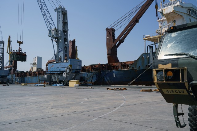 A U.S. Army container, assigned to the 4th Squadron, 2d Cavalry Regiment, lowers to the ground during port operations for the Noble Partner 20 exercise in Poti, Georgia, Sept. 4, 2020. Exercise Noble Partner is designed to enhance regional...