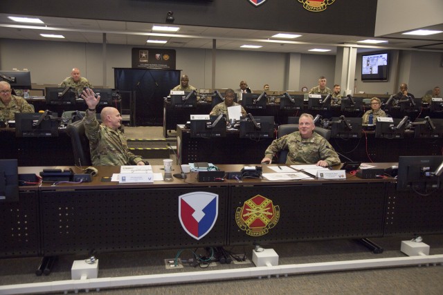 Lt. Gen. Douglas M. Gabram, Commanding General of U.S. Army Installation Management Command, speaks with Gen. Edward Daly, Commanding General of Army Materiel Command, and other leaders in the IMCOM Operations Center, Sep 25, 2020. Topics of discussion included the Facility Investment Plan, Morale, Welfare and Recreation Strategy, and the Digital Garrison mobile app among others.