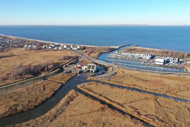 Aerial of the Port Monmouth Flood Risk Management Project.  In the center is the flood gate and pump station. December 2019.  Credit: Charles Rogers.
