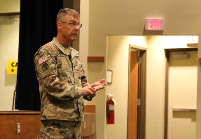 Brig. Gen. Donald Absher gives welcome remarks at the Army Reserve Sustainment Command Commander's Forum Friday, Sept. 25.