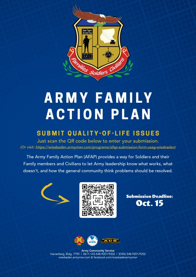 Individuals can make a difference in the lives of Army Families by submitting issues for the U.S. Army Garrison Wiesbaden fiscal year 2021 Army Family Action Plan conference, Nov. 4-6. Issues must be submitted by Oct. 15. (Graphic by Travis...