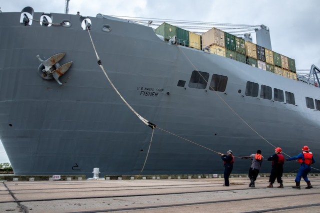 The U.S. Naval Ship Fisher carrying equipment assigned to 2nd Brigade Combat Team, 25th Infantry Division is docked in Port Arthur, TX, Sept. 24, 2020. The Joint Readiness Exercise allows the U.S. Army to assess the unit&#39;s alert and recall procedures, pre-deployment processes and transportation of personnel and equipment. (U.S. Army photo by Spc. Nathaniel Gayle, 22nd Mobile Public Affairs Detachment)