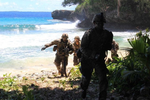 U.S. Army Pacific Soldiers with Black Watch Company, 2nd Battalion, 1st Infantry Regiment, 2nd Stryker Brigade Combat Team, 2nd Infantry Division, based out of Joint Base Lewis-McChord, Washington, conduct security operations on the island of Anguar in the Republic of Palau September 8. Defender Pacific 2020 brought over 125 Soldiers and a Logistics Support Vessel carrying two High Mobility Artillery Rocket Systems.