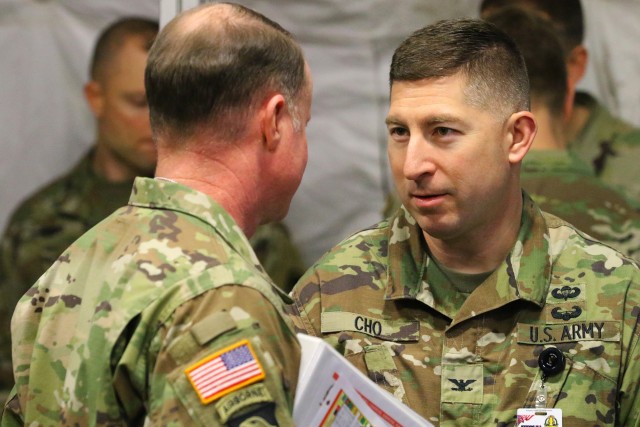 First Corps staff directorates compare notes before a targeting briefing during Warfighter Exercise 20-3 on Joint Base Lewis-McChord, Washington, Feb. 11, 2020. (U.S. Army photo by Spc. Joseph E.D. Knoch.)