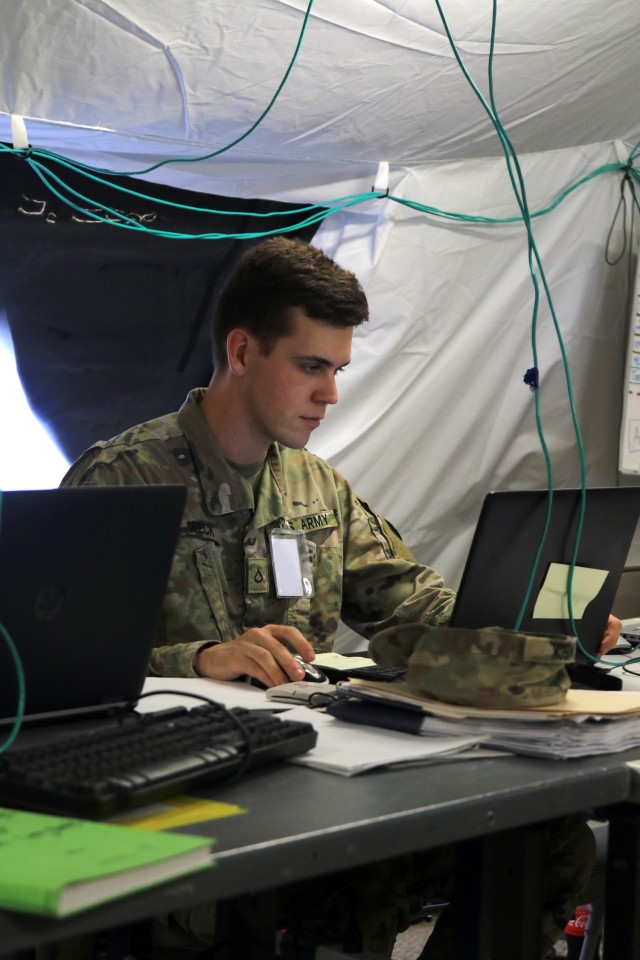 A First Corps Soldier participates in Warfighter Exercise 20-3, Feb 5-13, 2020, on Joint Base Lewis-McChord, Washington.  The command post exercise puts First Corps through its battlefield tasks and requires coordination with a higher command and subordinate units alike.