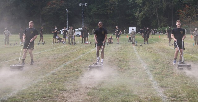 Cadets perform the drag part of the Sprint, Drag, Carry, which involves dragging a 90-pound weighted sled, during the Army Combat Fitness Test Saturday at Target Hill Athletic Field.