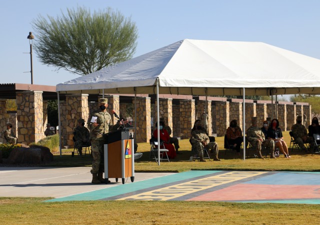Fort Bliss, Texas – Brig. Gen. Sean C. Bernabe makes his first speech after assuming command of the 1st Armored Division during a Change of Command ceremony held on Sept. 30 at Iron Soldier . The ceremony honored outgoing 1AD commanding general, Brig. Gen. Matthew L. Eichburg, and formally welcomed Brig. Gen. Sean C. Bernabe as the new commanding general. To protect the health and safety of the force and community, attendance was kept to a minimum and those that attended practiced social distancing and donned face coverings, per COVID-19 protocols and regulations. (U.S. Army photo by Jean S. Han)