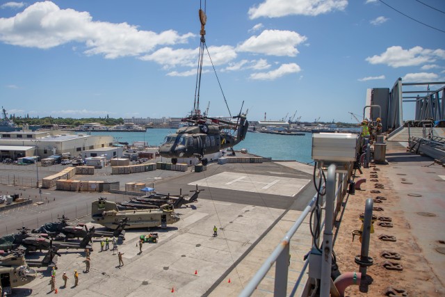 Soldiers assigned to 2nd Infantry Brigade Combat Team, and the 25th Combat Aviation Brigade, 25th Infantry Division work together to load a UH-60 Blackhawk Helicopter about a cargo ship in preparation for movement to the Joint Readiness Training Center at Fort Polk, La. on Pearl Harbor, Hawaii on Aug. 29, 2020.