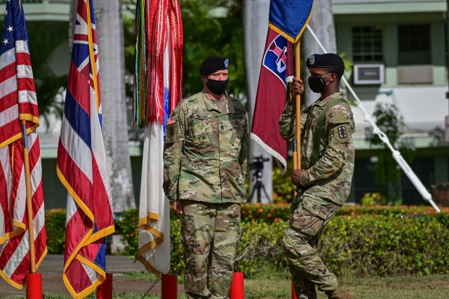 U.S. Army Pacific Commanding General, Gen. Paul J. LaCamera hosted a reassignment ceremony in which the 18th Medical Command (Deployment Support) was reassigned from U.S. Army Medical Command to USARPAC. The ceremony took place at the historic Palm Circle, Ft. Shafter Hawaii on October 1, 2020 and observed strict physical and social distancing requirements. (U.S. Army Photo by Sgt. 1st Class Caleb Barrieau)