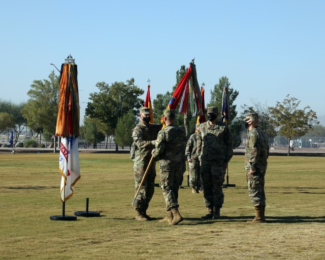 Fort Bliss, Texas – III Corps and Fort Hood Commanding General, Lt. Gen. Robert P. White, Division Command Sergeant Major Michael C. Williams, outgoing 1st Armored Division Commanding General, Brig. Gen. Matthew L. Eichburg, and incoming Commanding General, Brig Gen. Sean C. Bernabe partake in the Passing of the Colors during a Change of Command ceremony held on Sept. 30 at Iron Soldier Field. To protect the health and safety of the force and community, attendance was kept to a minimum and those that attended practiced social distancing and donned face coverings, per COVID-19 protocols and regulations. (U.S. Army photo by Jean S. Han)
