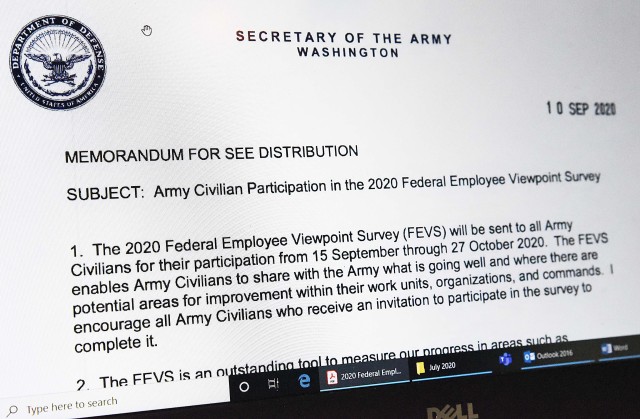 Shown is part of the memo sent out by the Secretary of the Army encouraging Department of the Army civilians to participate in the Federal Employee Viewpoint Survey. The survey, which runs through Oct. 27, is designed to let leadership know...