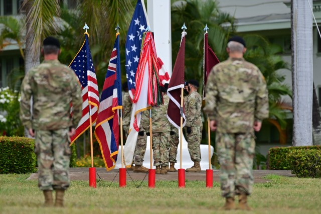 U.S. Army Pacific Commanding General, Gen. Paul J. LaCamera hosted a reassignment ceremony in which the 18th Medical Command (Deployment Support) was reassigned from U.S. Army Medical Command to USARPAC. The ceremony took place at the historic Palm Circle, Ft. Shafter Hawaii on October 1, 2020 and observed strict physical and social distancing requirements. (U.S. Army Photo by Sgt. 1st Class Caleb Barrieau)