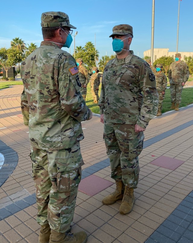 Army Reserve combat medic Okan Pekgil promoted to the rank of specialist by Col. Robert Black during a ceremony at the Veteran’s war memorial in McAllen, Texas on Sept. 4, 2020. Okan, a member of Urban Augmentation Medical Task Force -7452...