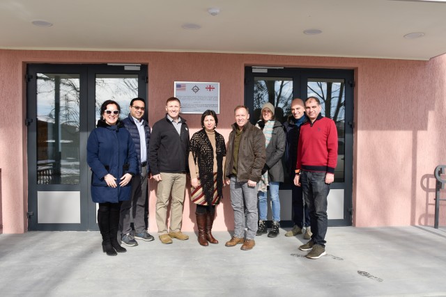 U.S. Army Corps of Engineers (USACE) leaders and school principal (left to right, USACE employees Nana Kacheishvili, Ravi Adojah, Col. John Baker, Kveshi School Principal Lea Bibiluri, Maj. Gen. Jeffrey Milhorn, Colleen Hickey, Levan Imedadze, and...