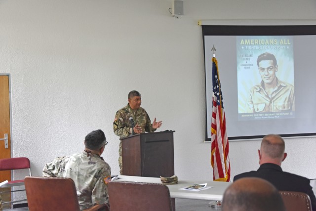 WIESBADEN, Germany – Sgt. Maj. Francisco Acosta speaks at the U.S. Army Garrison Wiesbaden Hispanic Heritage Month observance Sept. 30 at the Clay Kaserne Chapel.