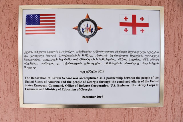 This sign sits at the entrance to the recently renovated Kveshi School in Tbilisi, Georgia, Jan. 25, 2020. The Eastern European nation of Georgia teamed with the U.S. Embassy-Tbilisi Office of Defense Cooperation to provide a school renovation...