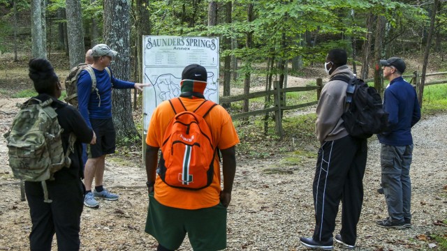 4th Cavalry Multi-Functional Training Brigade, 4-410th Brigade Support Battalion Soldiers prepare to walk the trails of Saunders Springs Nature Preserve for their unit’s first ever Foundational Day event on September 25 in Radcliff, Ky....