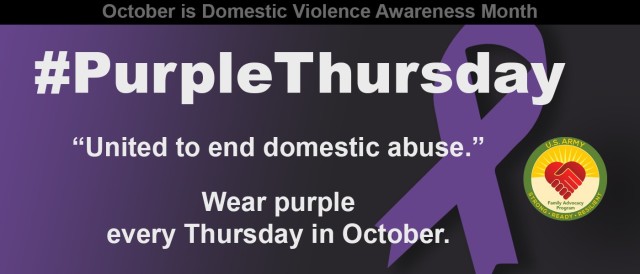 WIESBADEN, Germany - Moriah Mendez, Family Advocacy Program specialist, encourages everyone on the installation to wear purple in solidarity against domestic violence each Thursday in October at U.S. Army Garrison Wiesbaden.