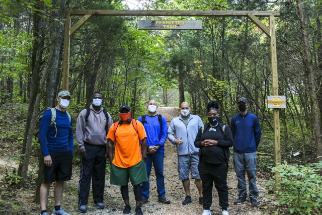 4th Cavalry Multi-Functional Training Brigade, 4-410th Brigade Support Battalion Soldiers prepare to walk the trails of Saunders Springs Nature Preserve for their unit's first ever Foundational Day event on September 25 in Radcliff, Ky....