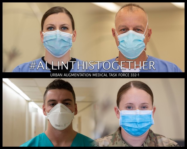 The U.S. Army Reserve Urban Augmentation Medical Task Force 332-1 is helping augment staff at University Hospital in Newark, N.J., during the COVID-19 pandemic. Pictured here April 27, 2020, are four members of the 85 member task force, from top left, clockwise: Capt. Chelsea Pluta, Sgt. Thomas Bjorklund, Pfc. Holly Barnhouse, and Spc. Bailey Jorgensen. U.S. Northern Command, through U.S. Army North, is providing military support to the Federal Emergency Management Agency to help communities in need.